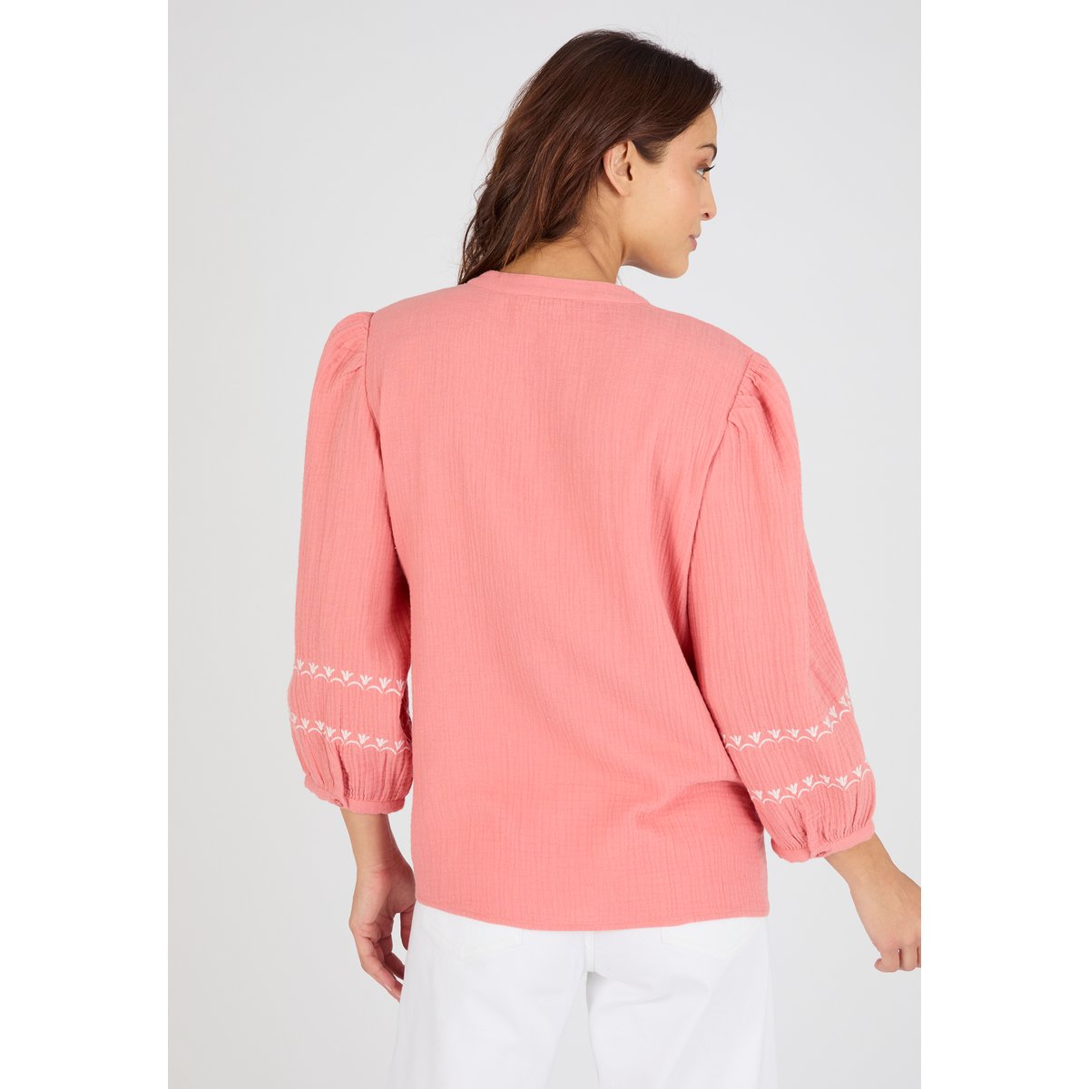 Blouse brodée en gaze de coton rose pêche, DAMART