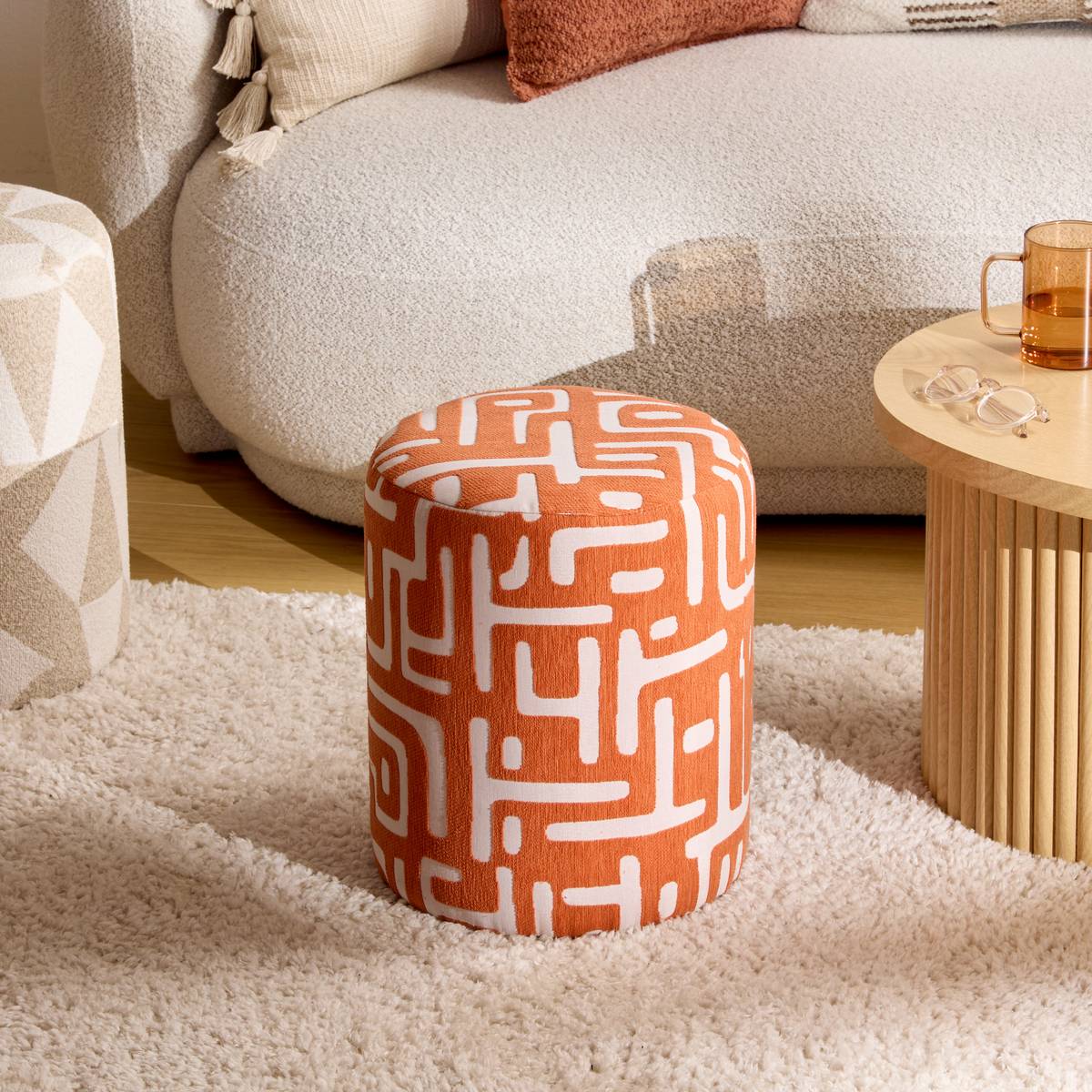 Pouf rond en tissu imprimé DELOR orange, ATMOSPHERA