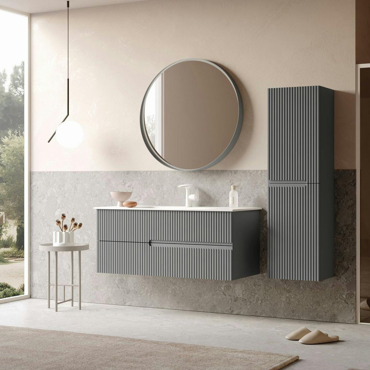 Meuble vasque suspendu 120 cm, 2 tiroirs rainurés ORA gris, PIER IMPORT