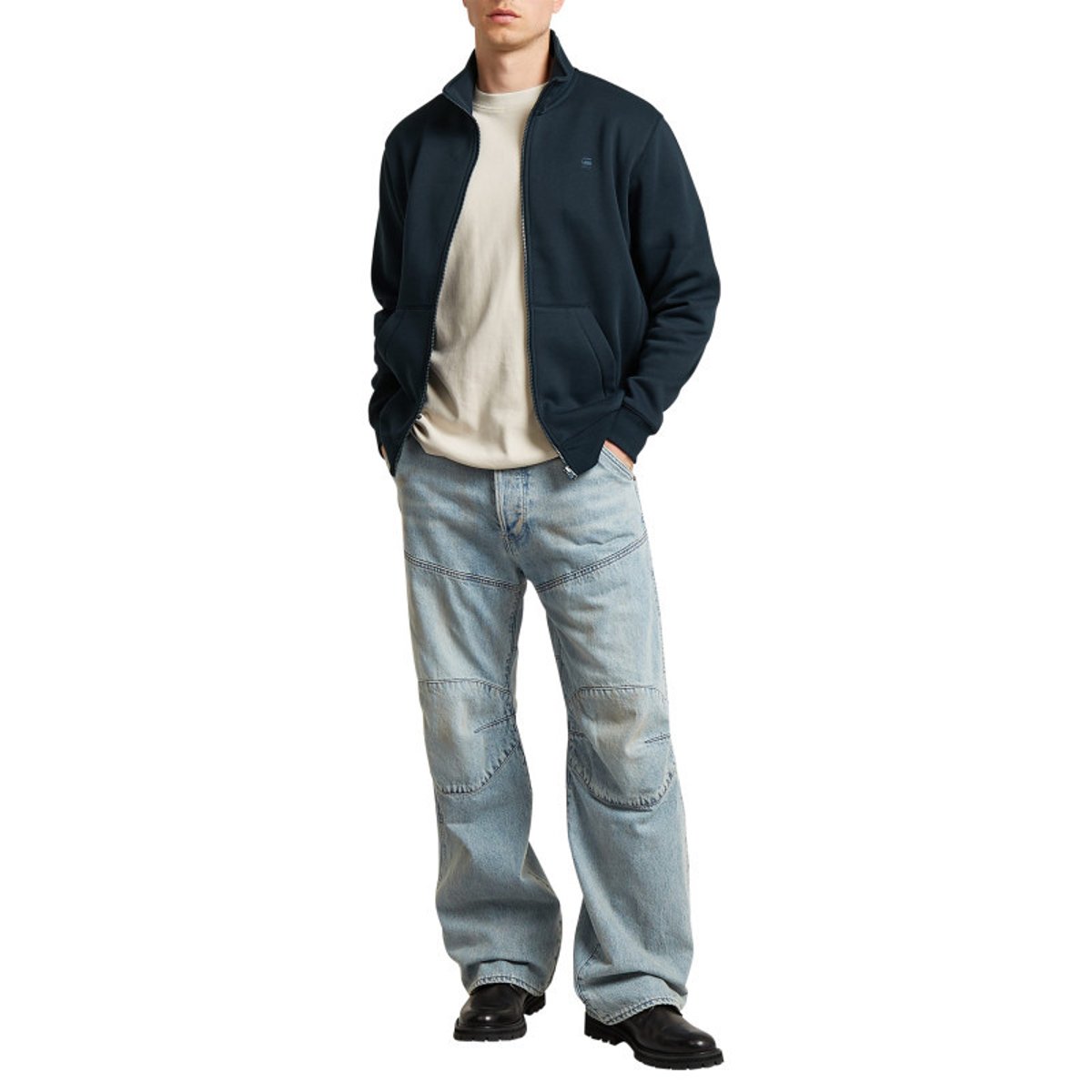 Sweat zippé bleu marine uni avec une coupe droite et un col montant bleu foncé, G-Star RAW