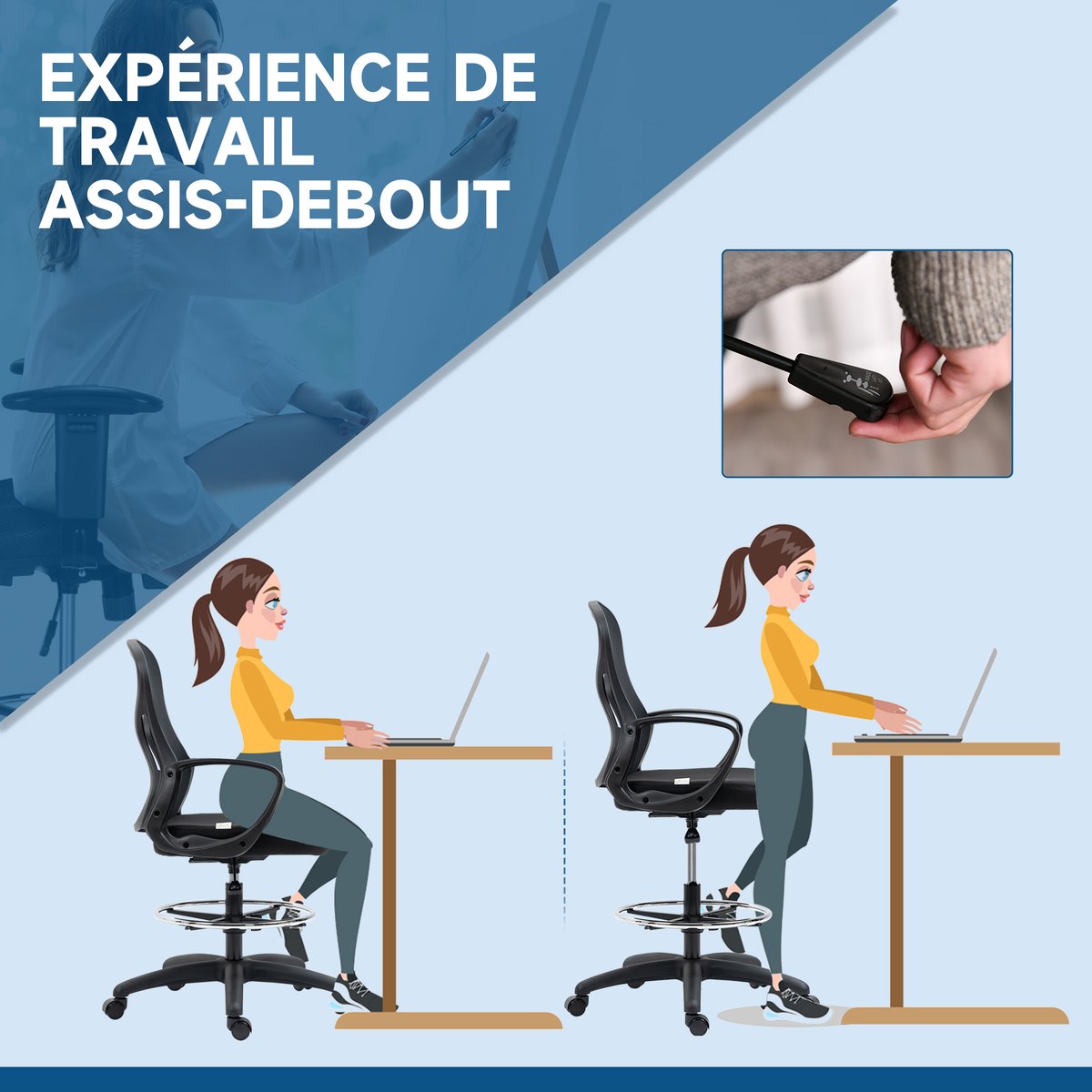 Chaise de bureau pour poste de travail debout noir, HOMCOM