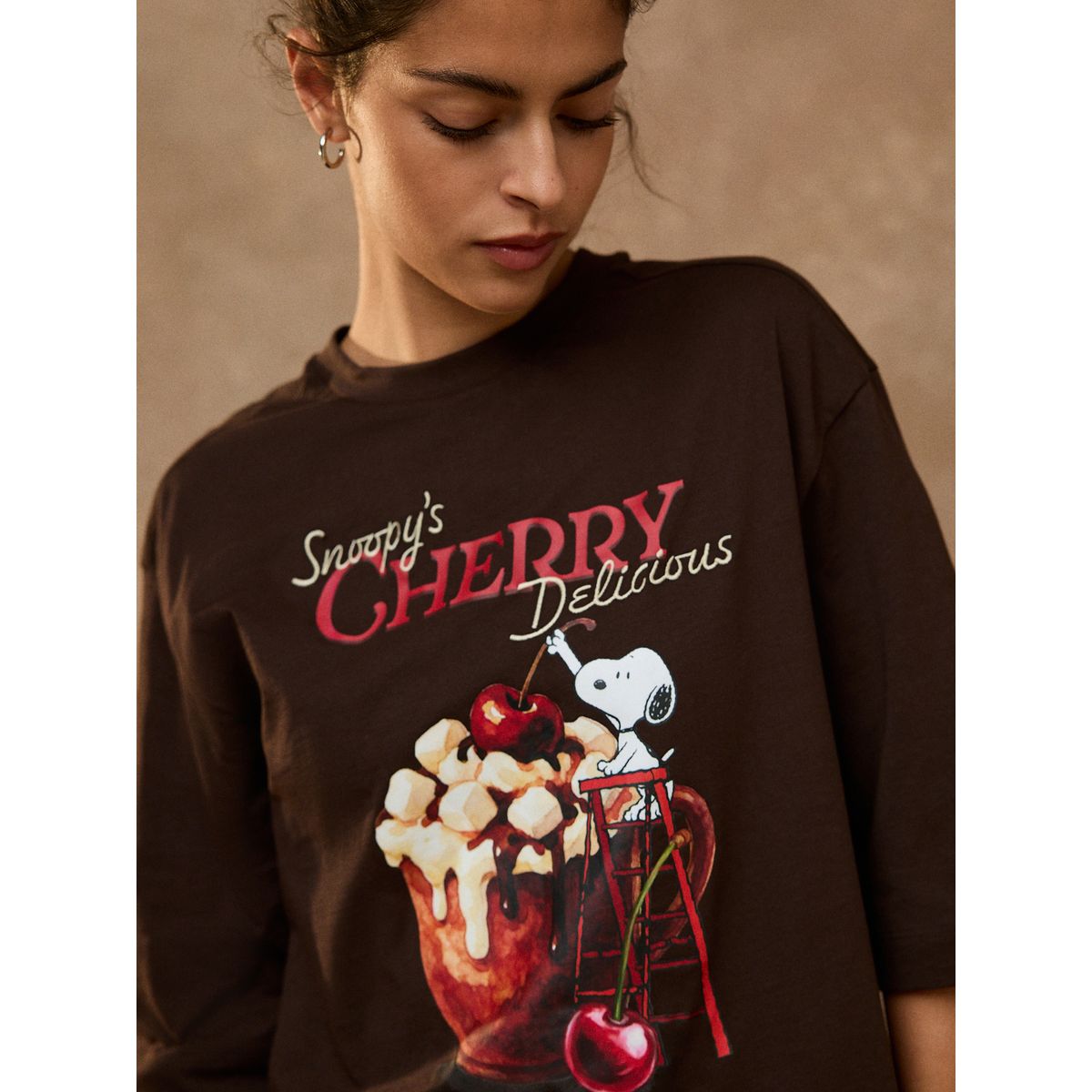 T-shirt ras du cou à manches 3/4 licence snoopy marron, NEXT