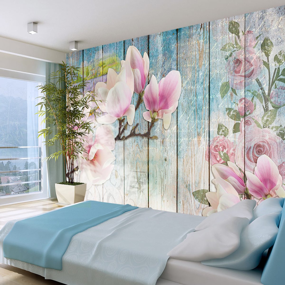 Papier peint intissé panoramique Vintage et Retro Pink Flowers on Wood bleu, EDEN