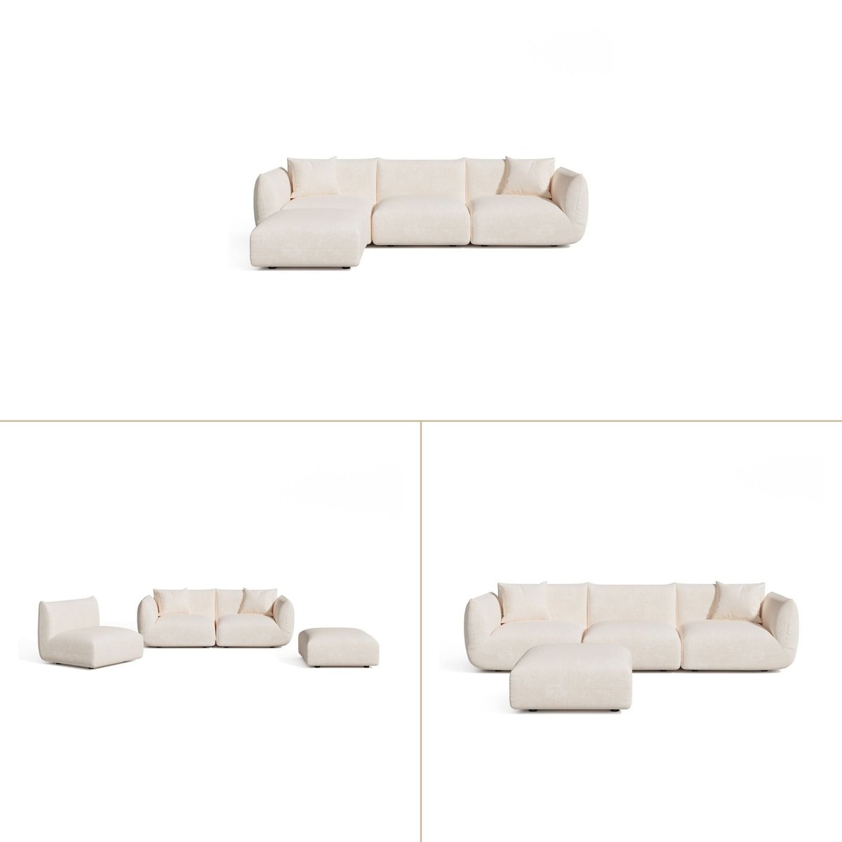 Canapé d'angle modulable 6 places en velours chenillé NOOMA crème, SIA HOME