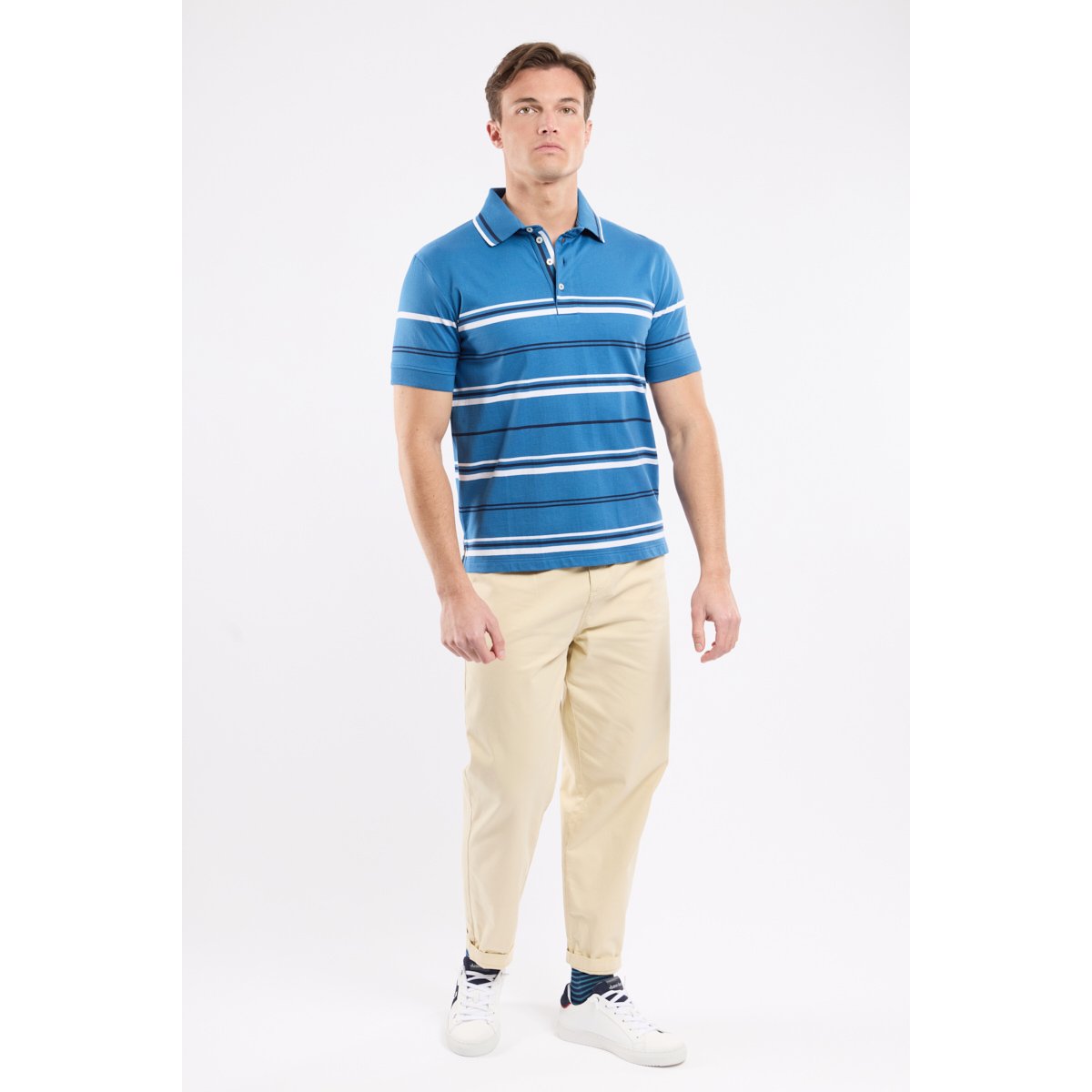 Polo rayé en coton léger dark blue/marine deep/blan, ARMOR-LUX