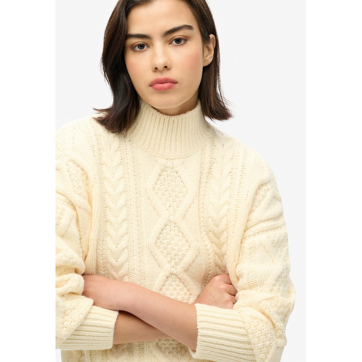 Pull torsadé col montant blanc, SUPERDRY