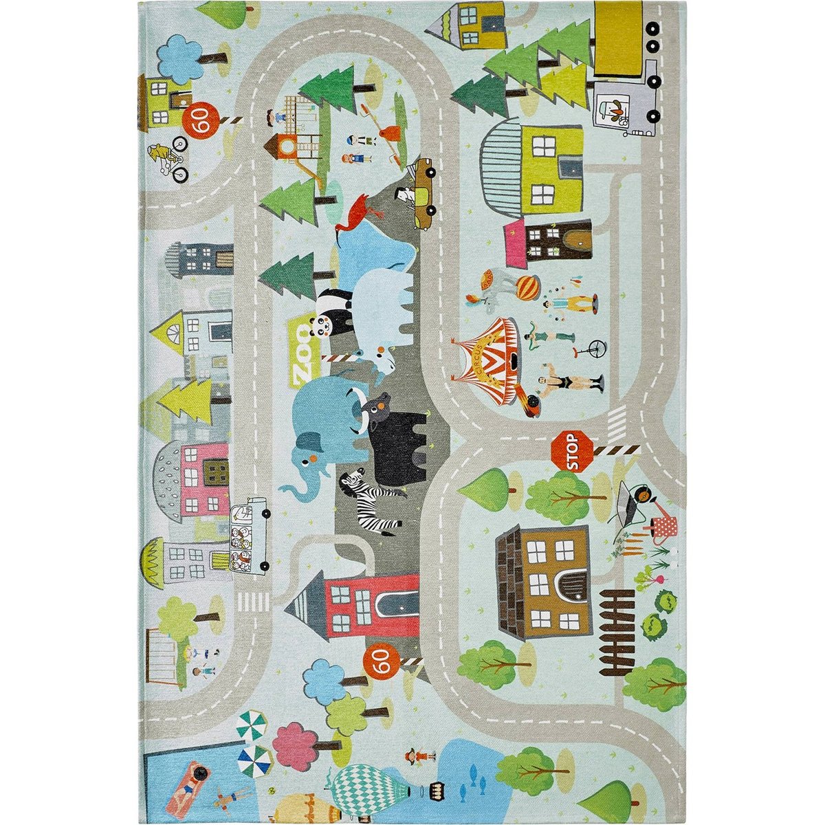 Tapis enfant jacquard motif ville ludique multicolore pastel thème ville zoo, ARTE ESPINA