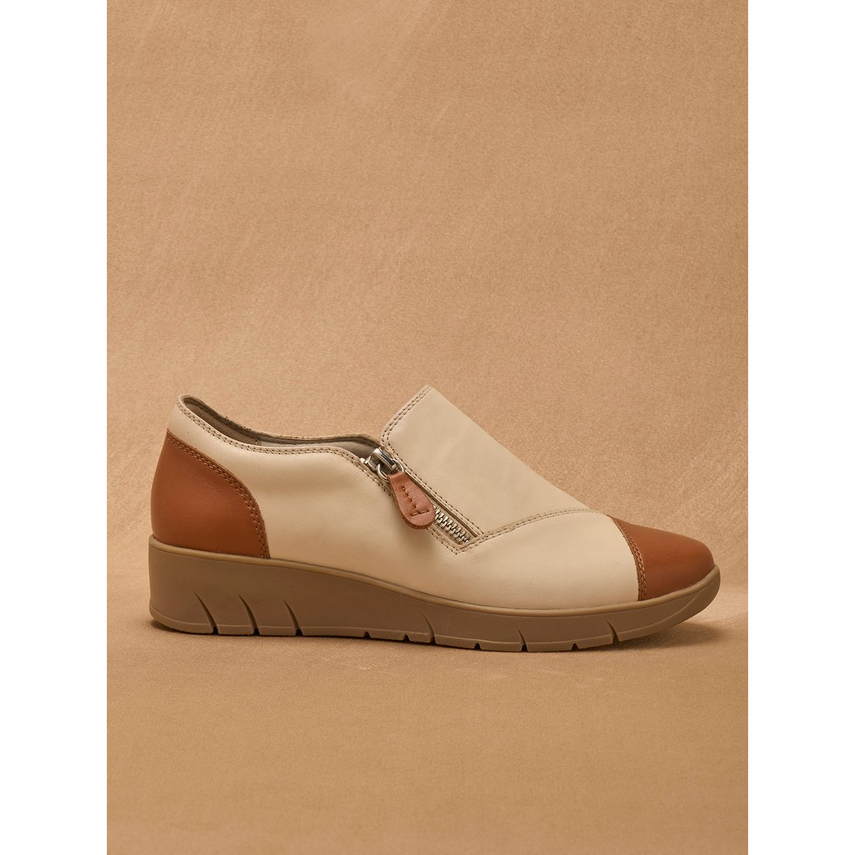 Chaussures confort zippées et élastiquée beige, PEDICONFORT