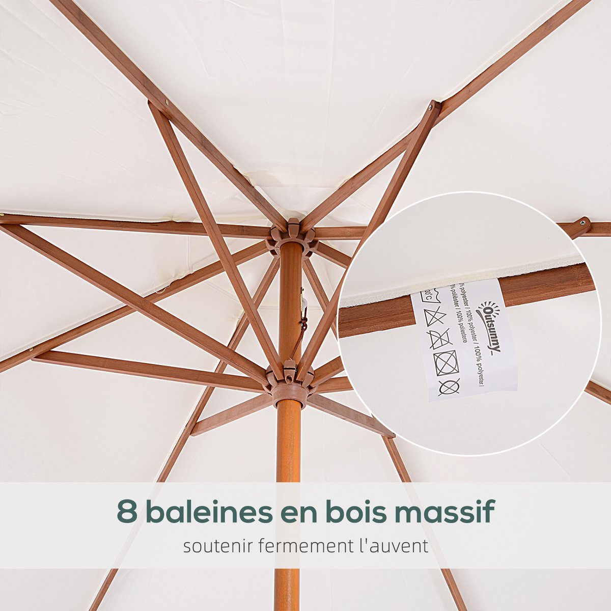 Parasol droit octogonal 2,7 x 2,5 m manivelle bois toile haute densité crème beige, OUTSUNNY