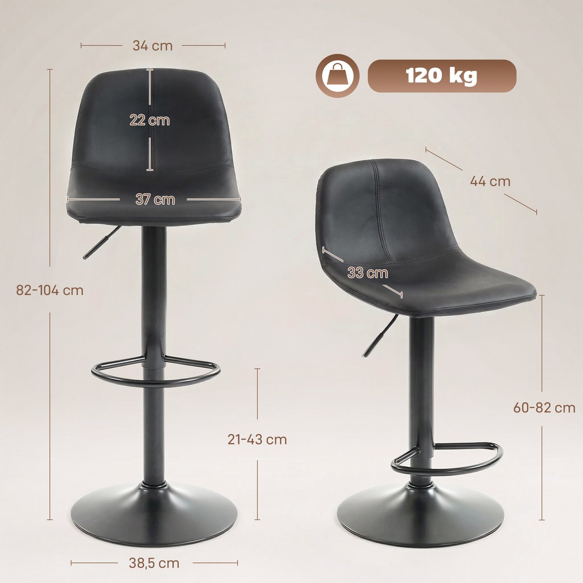Tabouret de bar PU Noir noir, HOMCOM