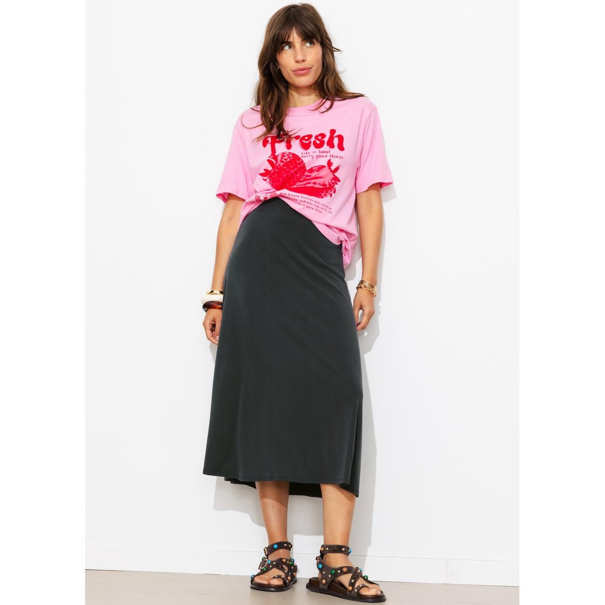 Jupe midi en jersey uni noir, PROMOD