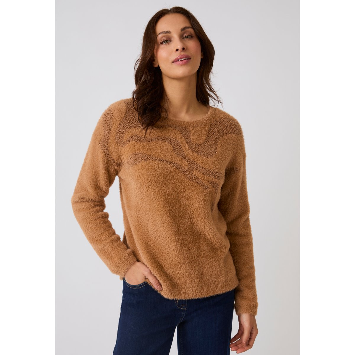Pull maille poilue à motif stylisé brillant marron ambre, DAMART