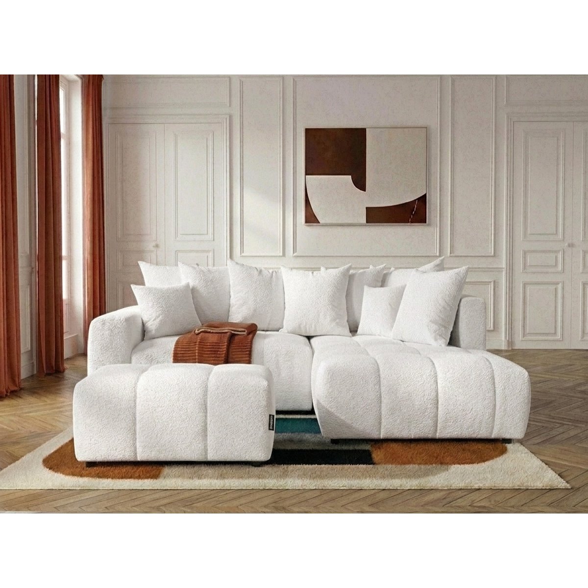 Canapé d'angle convertible 4 places en tissu bouclette avec pouf, ROXELANE blanc, BOBOCHIC