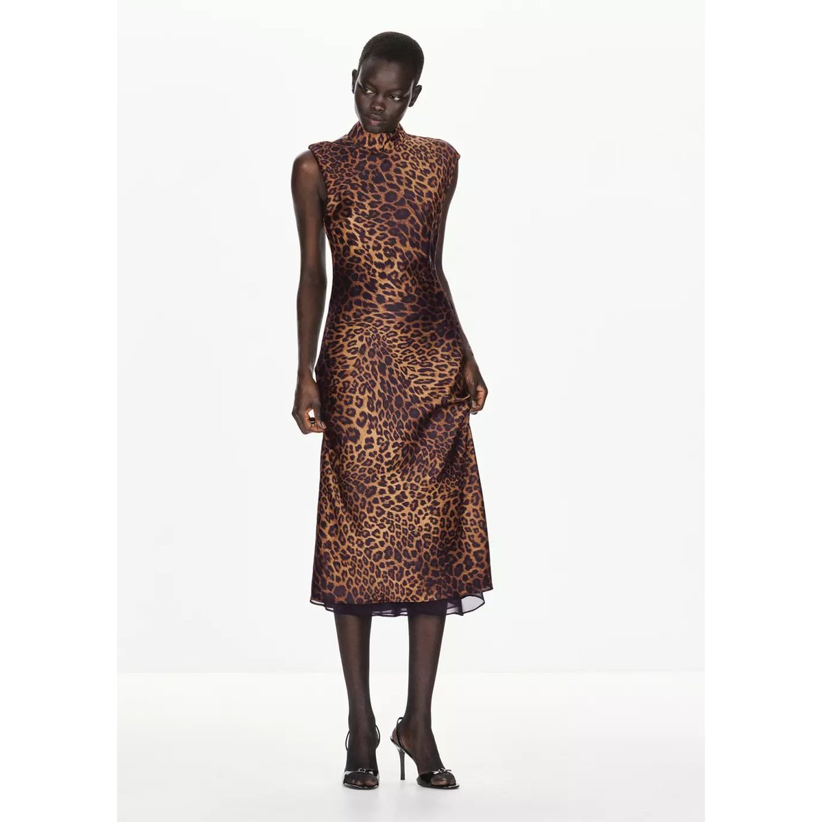 Robe léopard à col cheminée marron, MANGO