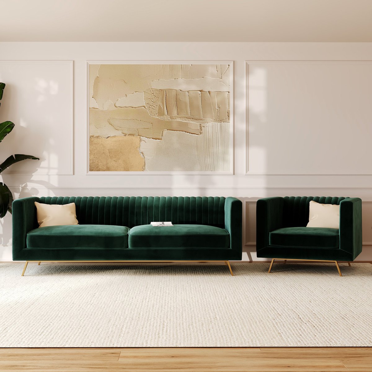 Ensemble canapé et fauteuil en velours 4 places - GATSBY vert, MAISON PAVANE