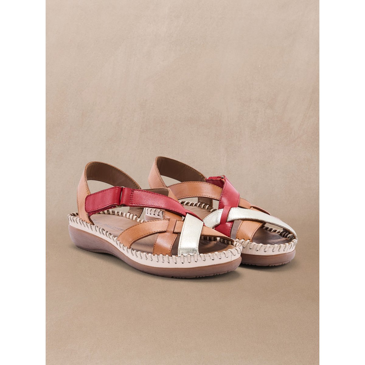 Sandales tout cuir à scratch camel multicolore, PEDICONFORT