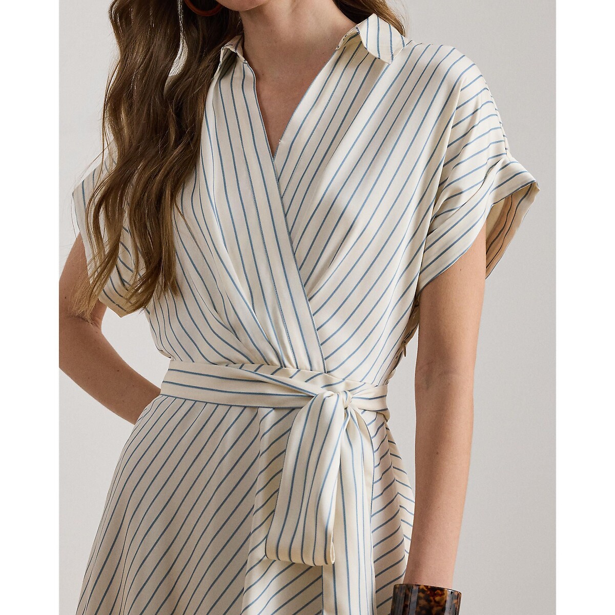 Striped Wrapover Short Sleeve Midi Dress ecru/navy striped, LAUREN RALPH LAUREN