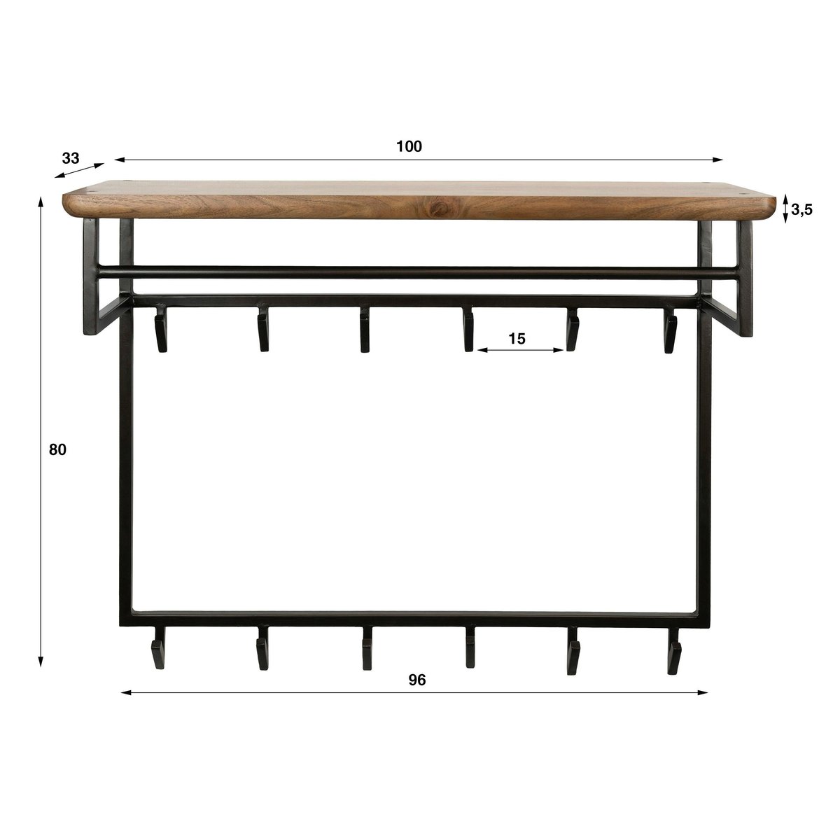 Portemanteau mural 1 étagère bois 1 tringle 12 crochets NAKO marron, PIER IMPORT