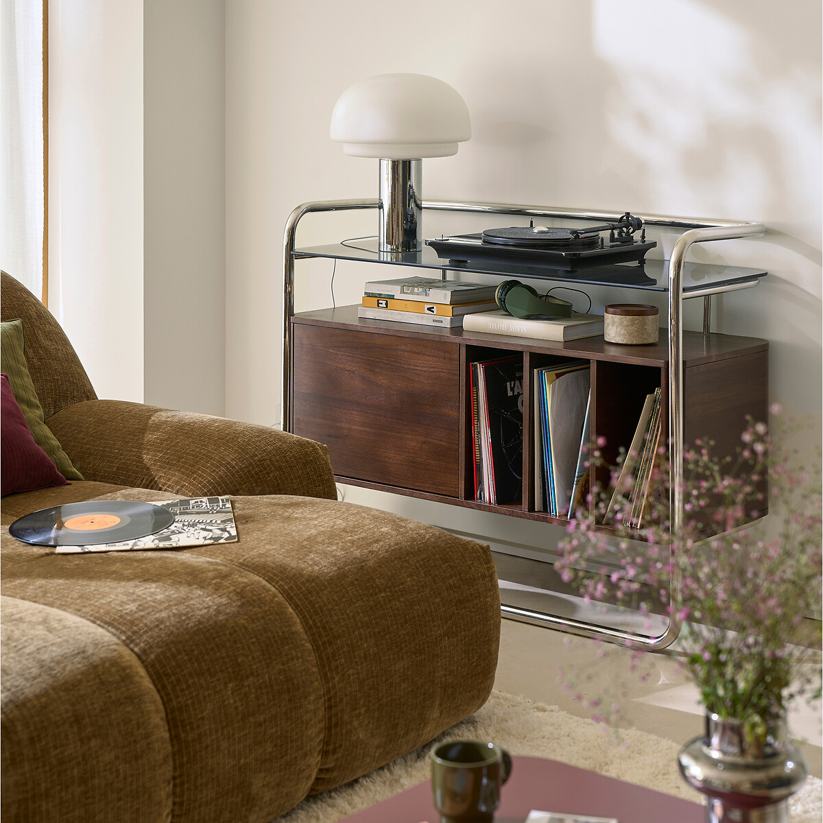 Mueble para vinilos, estructura de 1 puerta, acero cromado y MDF chapado en nogal, GIORGIO color nogal/cromo, LA REDOUTE INTERIEURS