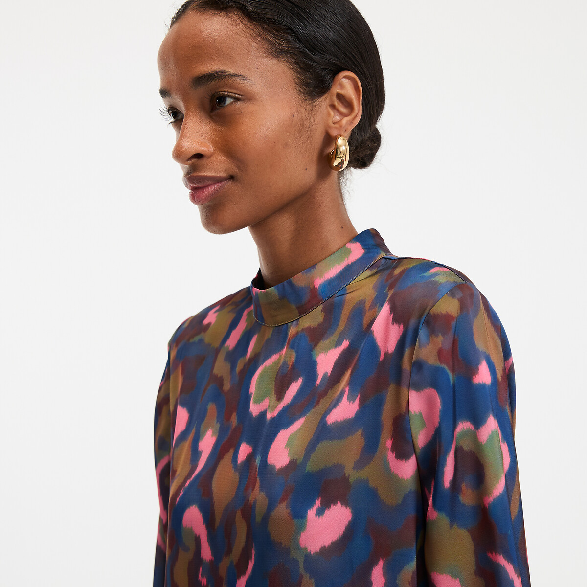 Printed Maxi Shift Dress with Long Sleeves print/khaki background, LA REDOUTE COLLECTIONS