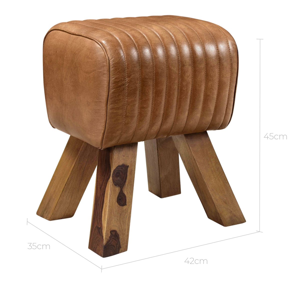Tabouret en cuir de manguier - MORENA marron vieilli et pieds bois, MAISON PAVANE