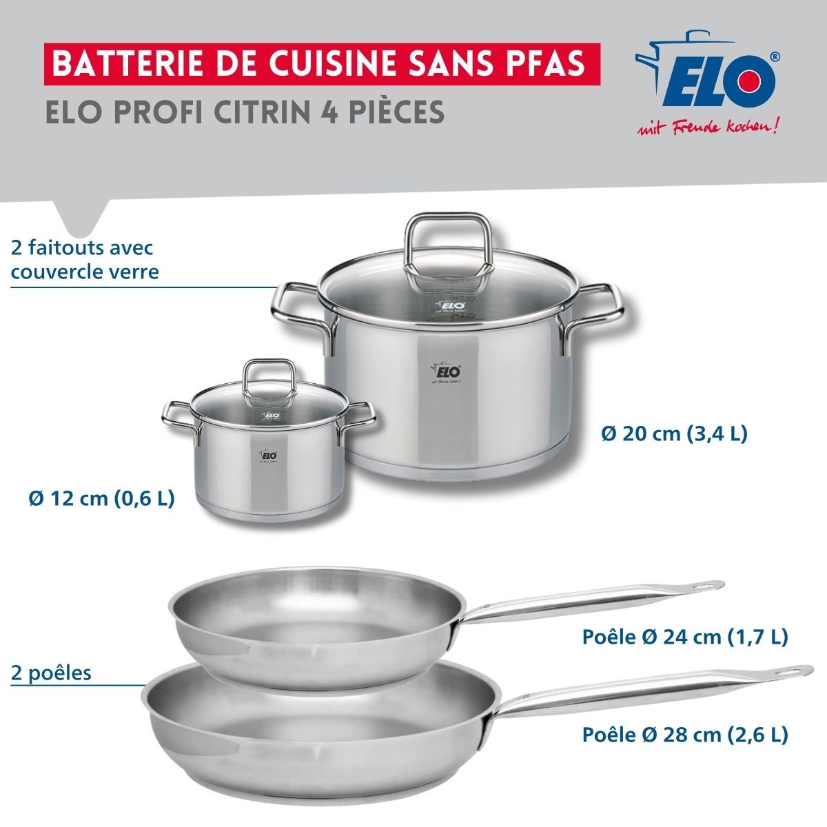 Batterie 2 poêles 24/28cm + 2 faitouts 12/20cm PROFI CITRIN gris, ELO