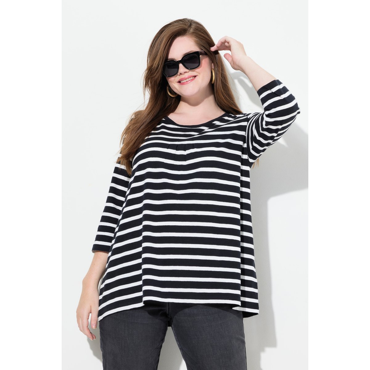 T-shirt rayé avec plis fantaisie noir, ULLA POPKEN