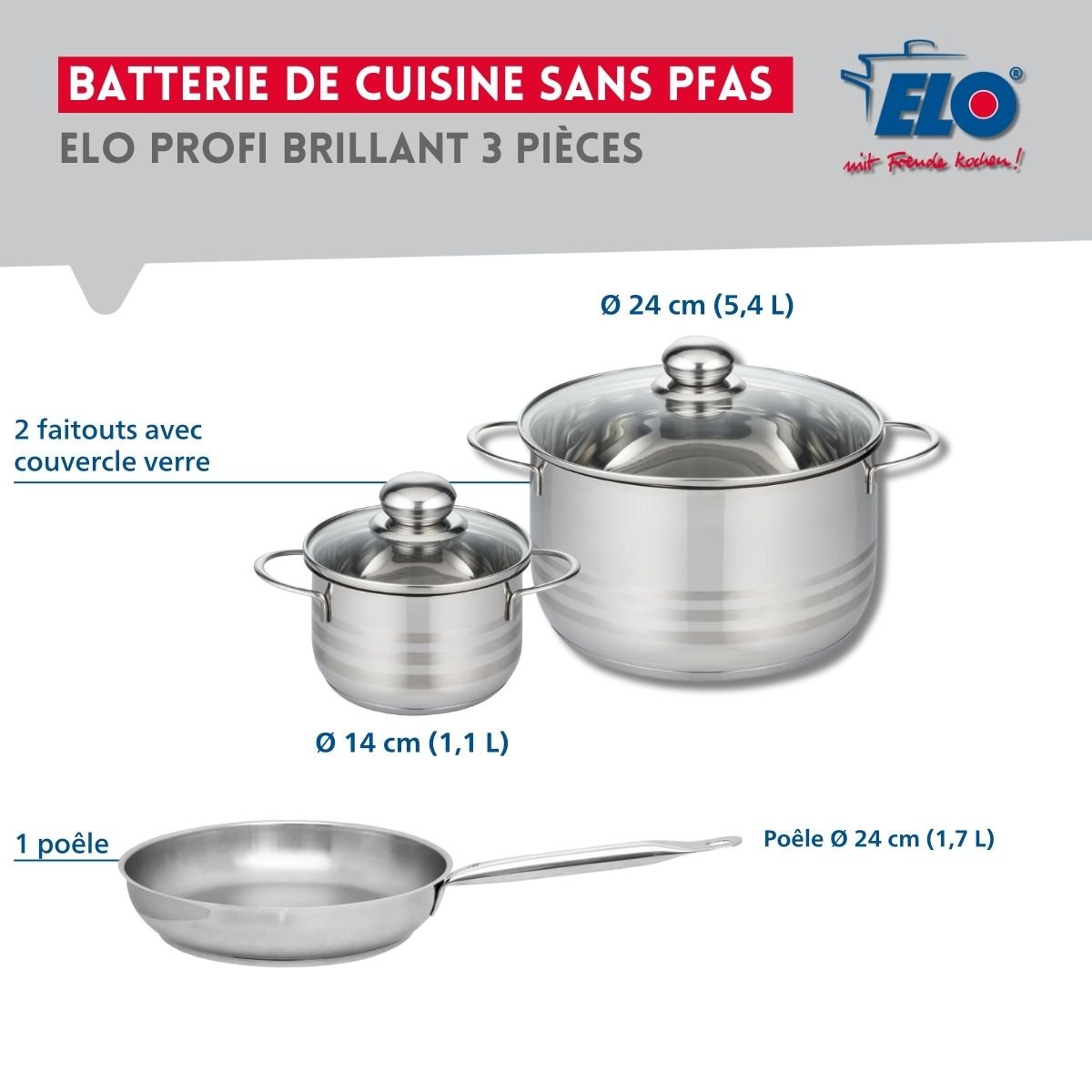 Batterie 1 poêle 24cm + 2 faitouts 14/24cm PROFI BRILLANT gris, ELO