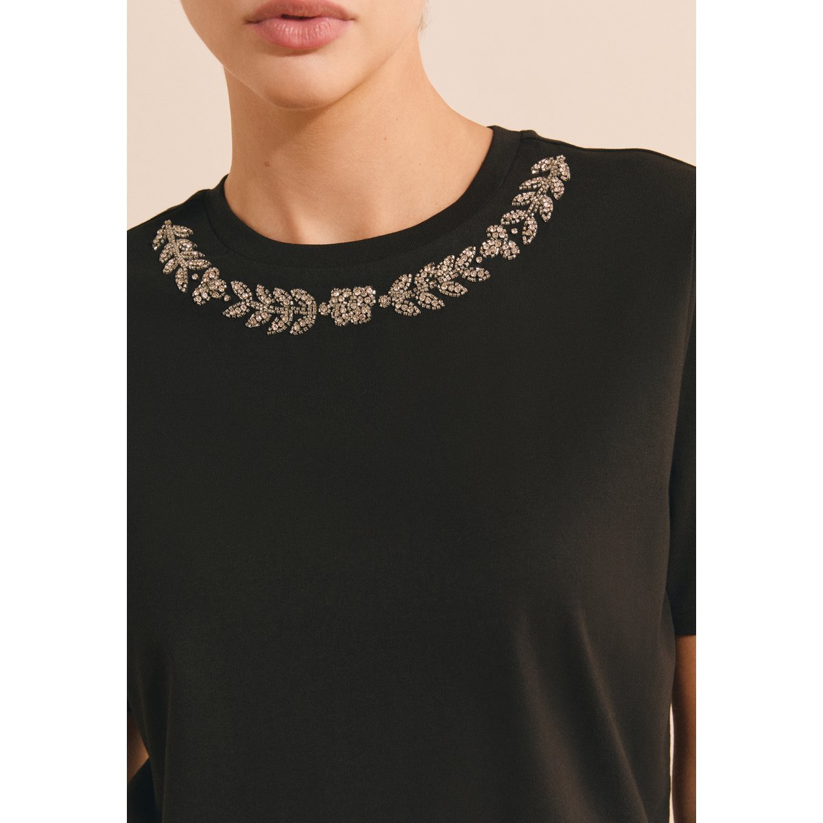 T-shirt manches courtes avec strass en coton ADRIANO noir, ETAM