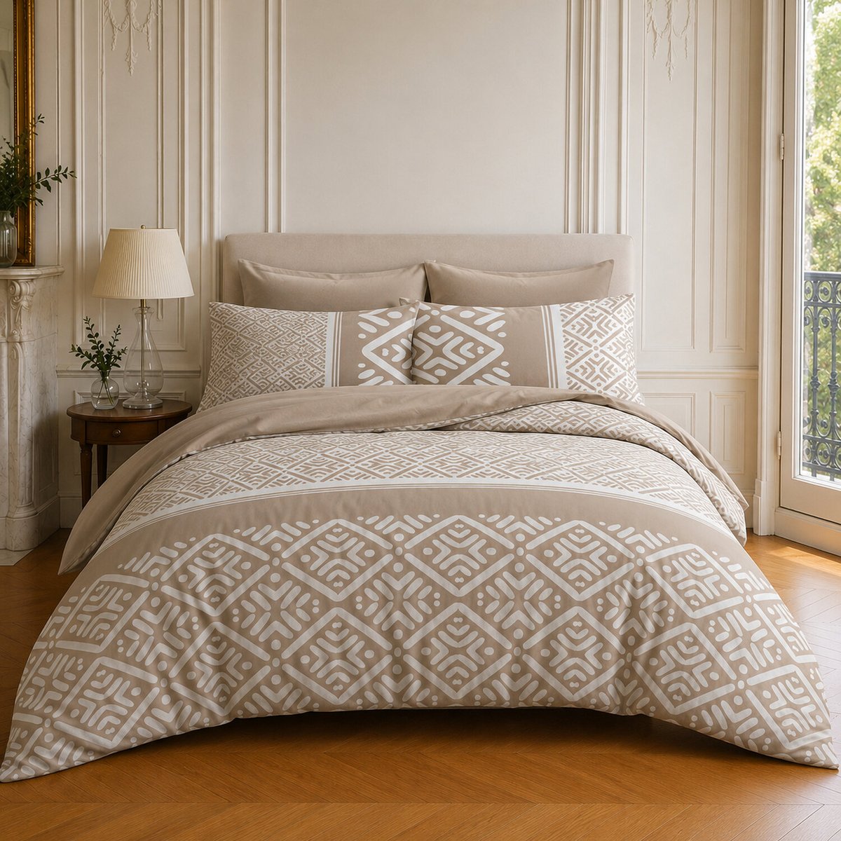 Parure de lit en coton motif géométrique, BOHO beige, C DESIGN HOME TEXTILE