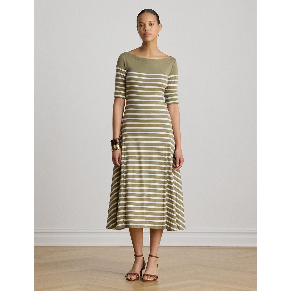 Robe midi, manches courtes, à rayures vert clair, LAUREN RALPH LAUREN