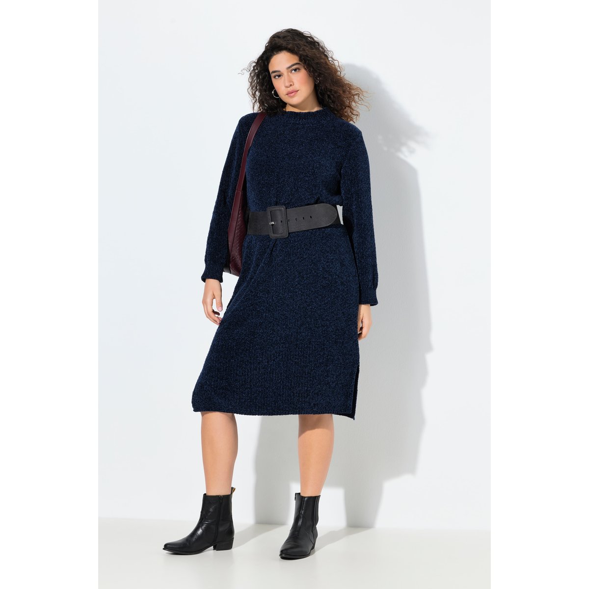 Robe midi en fil chenille à large bleu encre, ULLA POPKEN