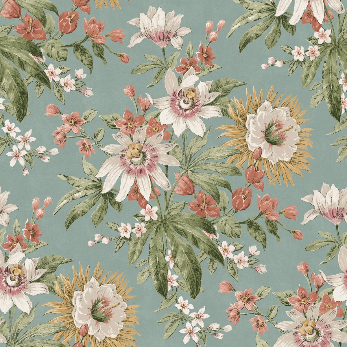 Papier peint Fleurs de la passion printemps vert, écru, rosé et ocre sur fond bleu-vert, BOUTIQUE