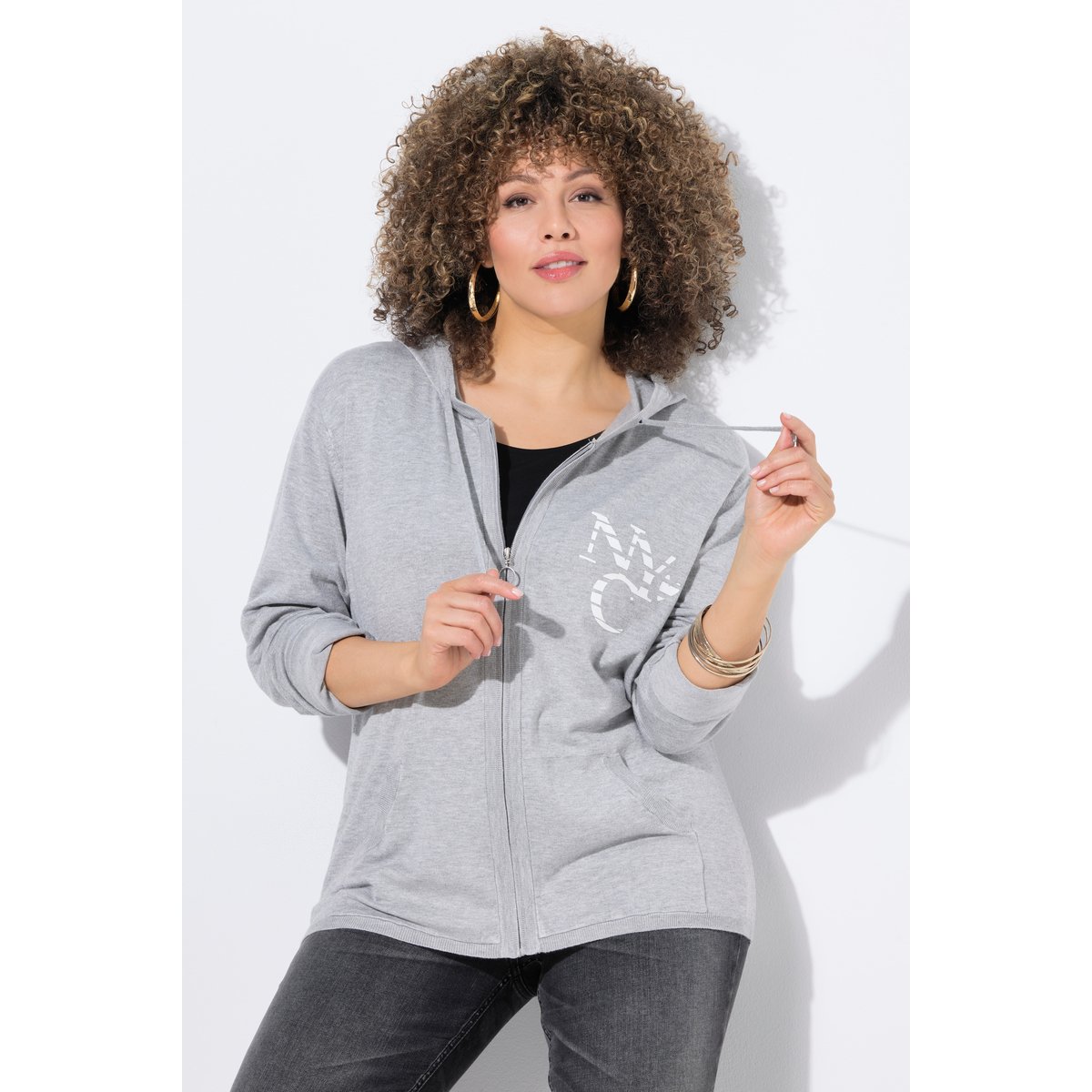 Cardigan à capuche et poche kangourou gris clair chiné, ULLA POPKEN