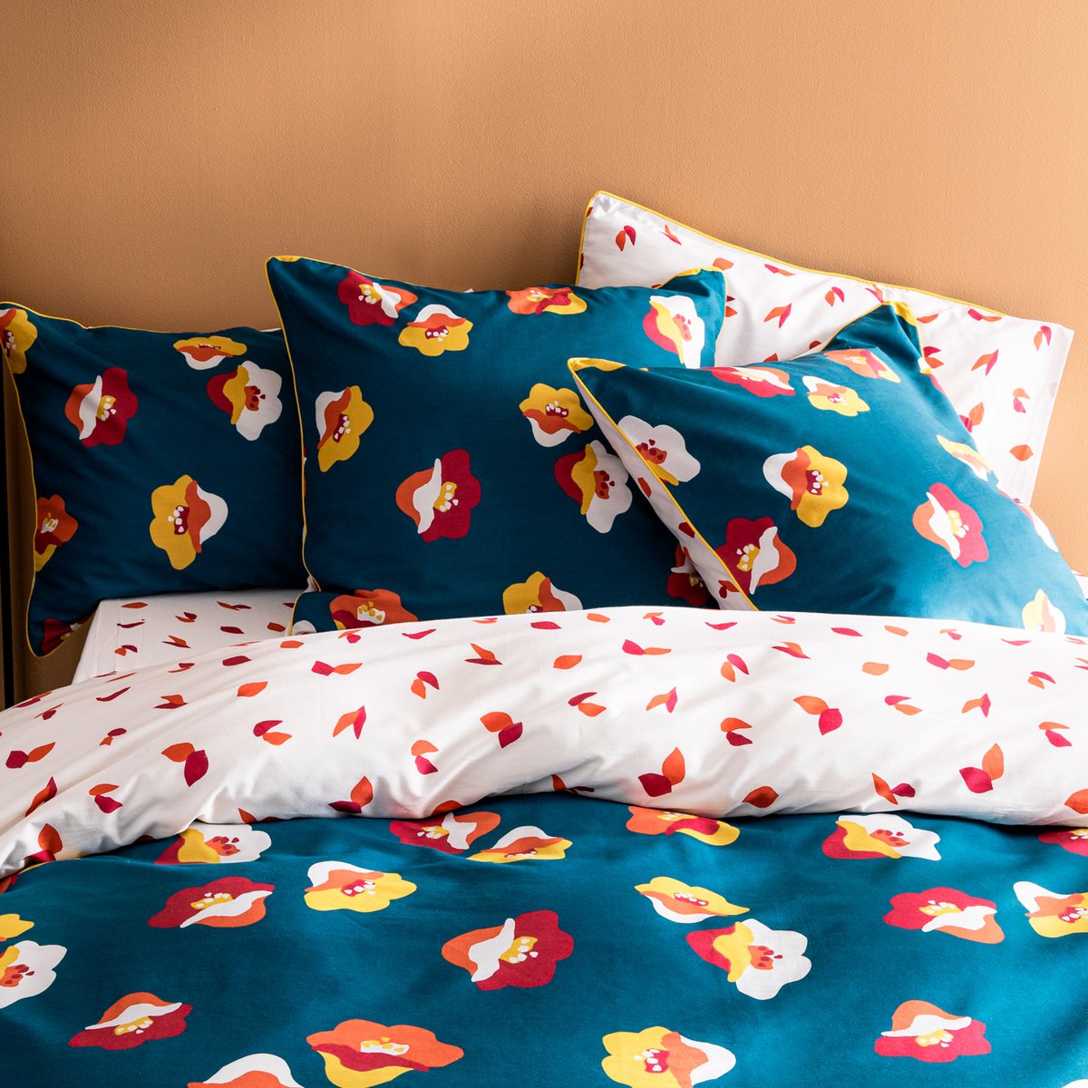 Set de 2 taies d'oreiller imprimées en percale de coton BIO, NARCISSE bleu paon, MATT ET ROSE