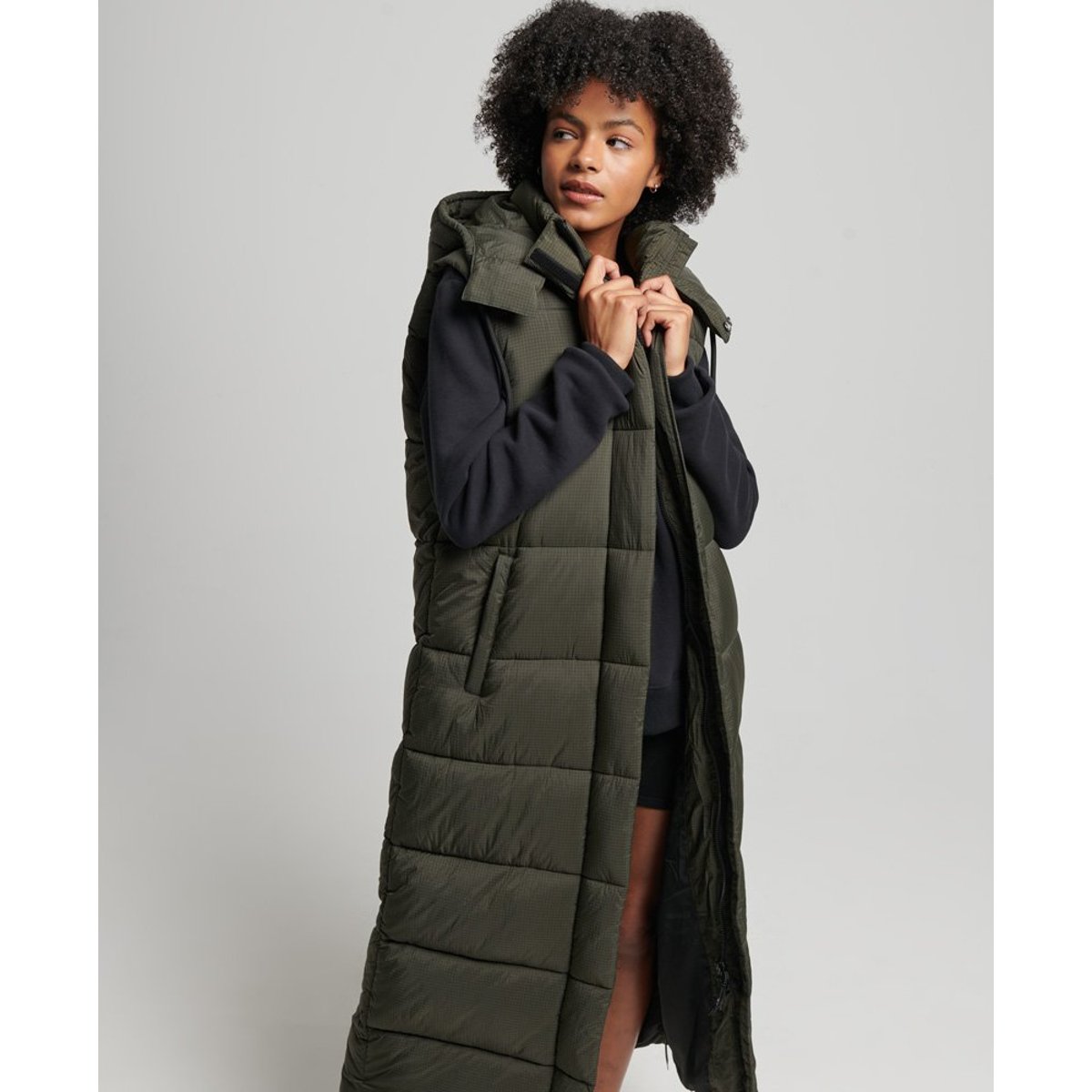 Gilet à capuche long sans manches Ripstop kaki quadrillé, SUPERDRY