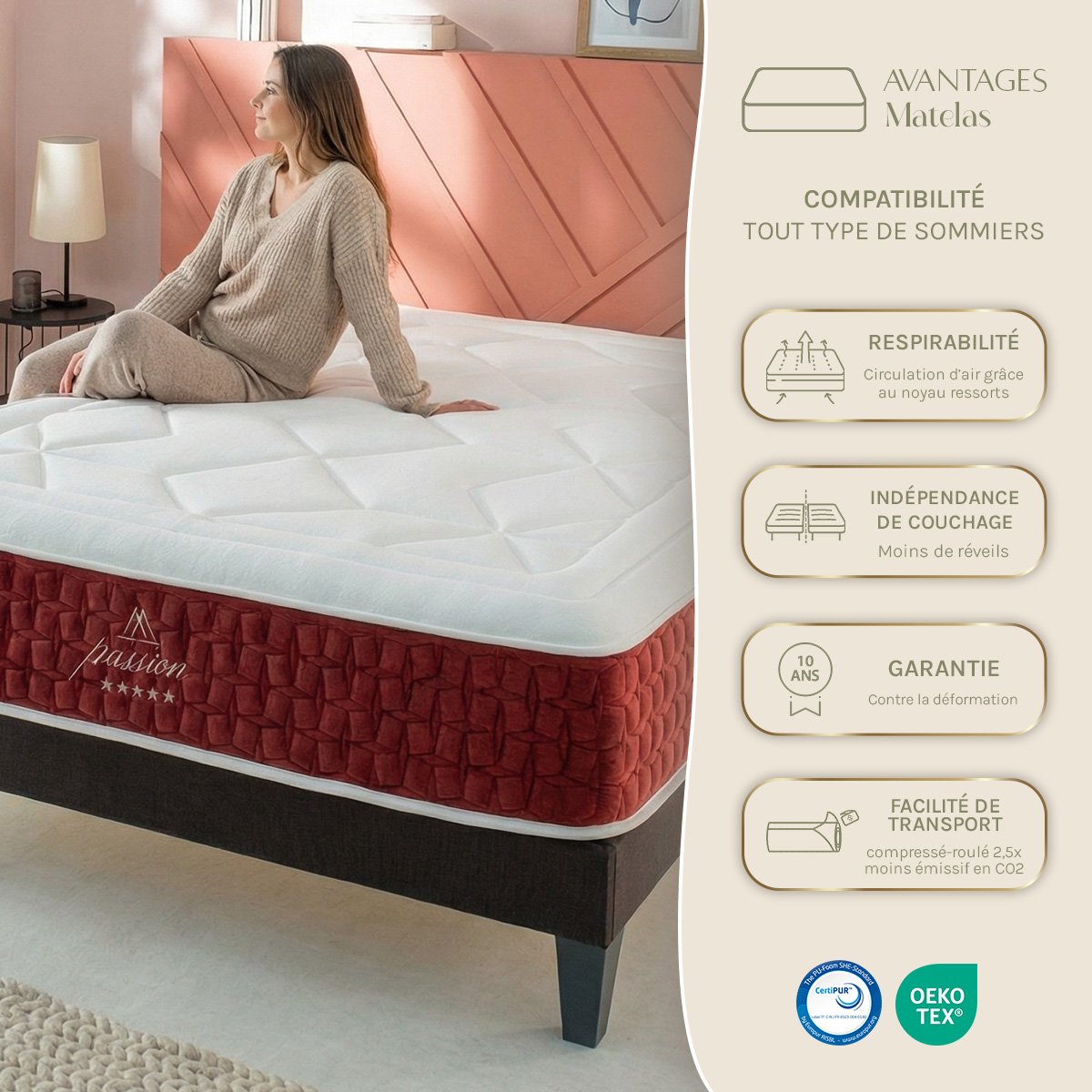 Ensemble Matelas PASSION et Sommier SÉLÉNA naturel, MAISON AUBERTIN
