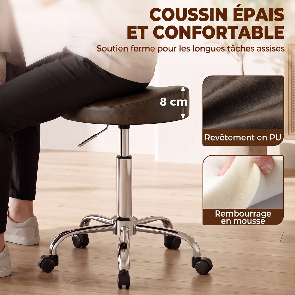 Tabouret de salon PU (65 % polyuréthane marron, HOMCOM