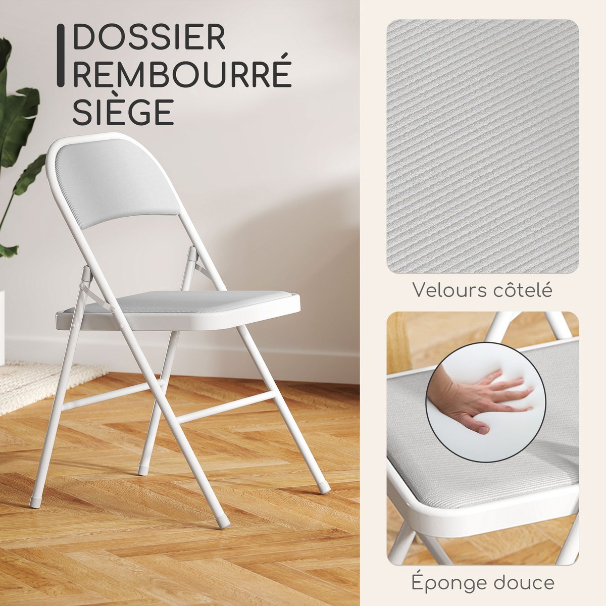Chaise pliante Velours côtelé Blanc blanc, HOMCOM