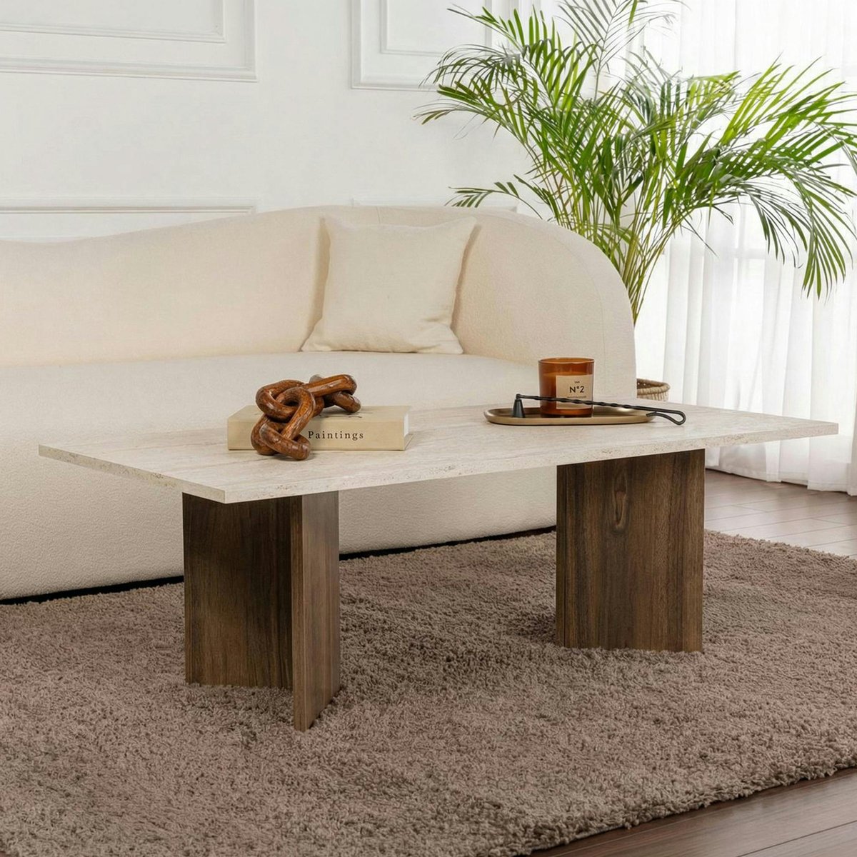 Table basse rectangulaire- pieds V MARFA travertin et noyer, PIER IMPORT