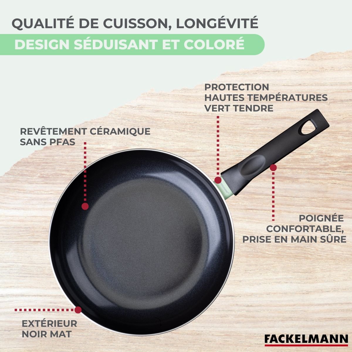 Set de 3 poêles antiadhésives céramique 24, 28 et 30 cm BRANDAO noir|vert, FACKELMANN