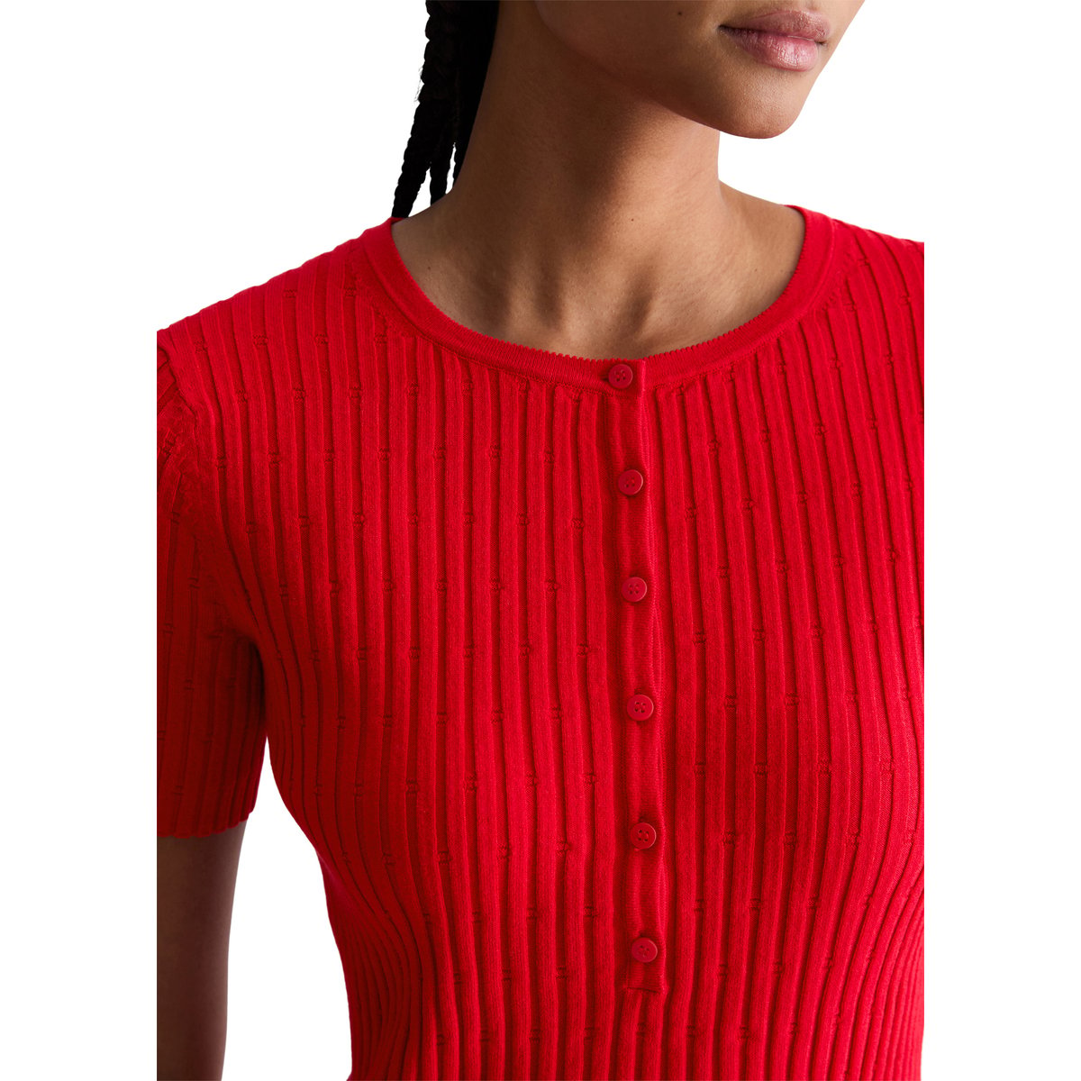 Pull à manches courtes en maille fine slim en LENZING™ ECOVERO™ rouge clair, MARC O’POLO DENIM