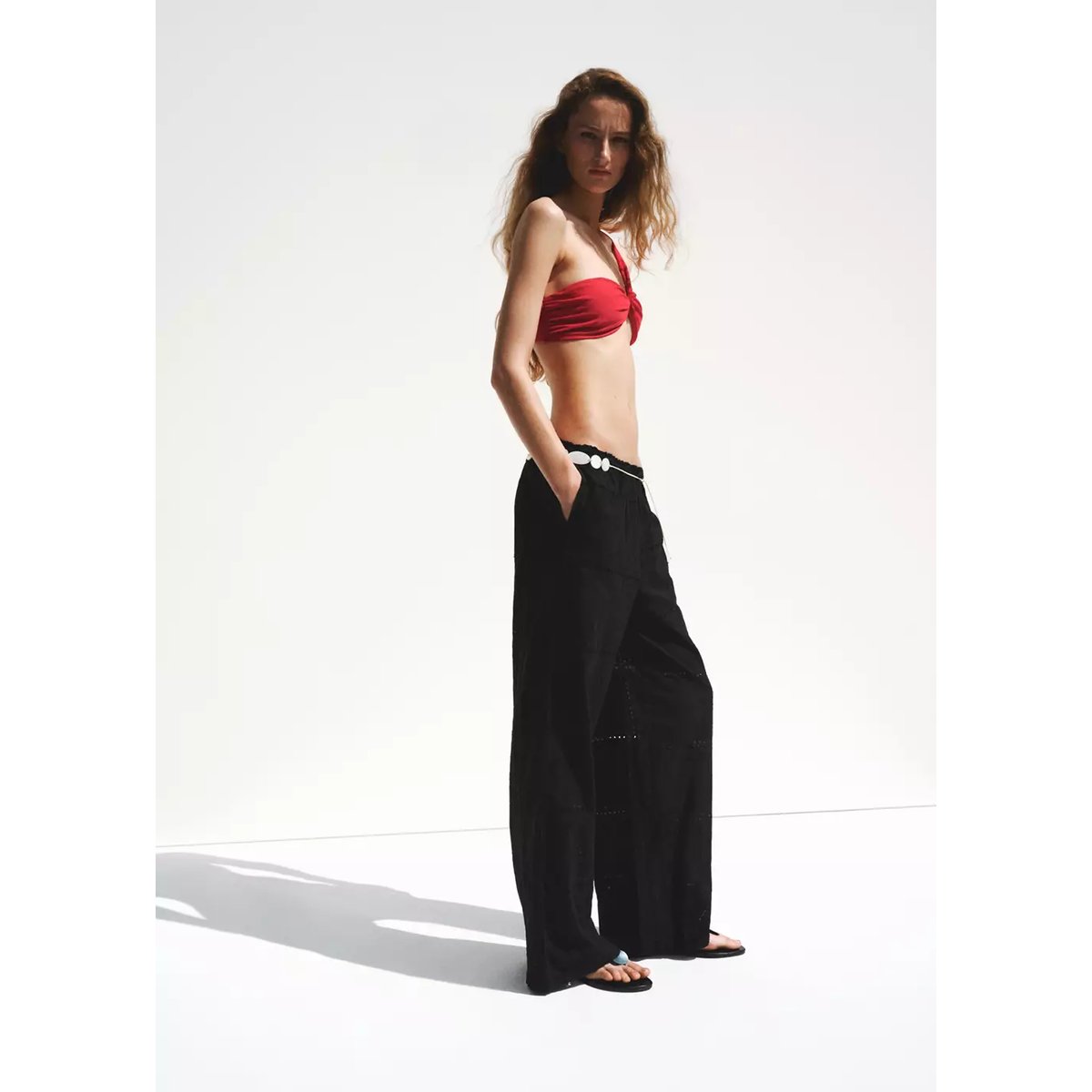 Pantalon en coton avec broderies ajourées noir, MANGO
