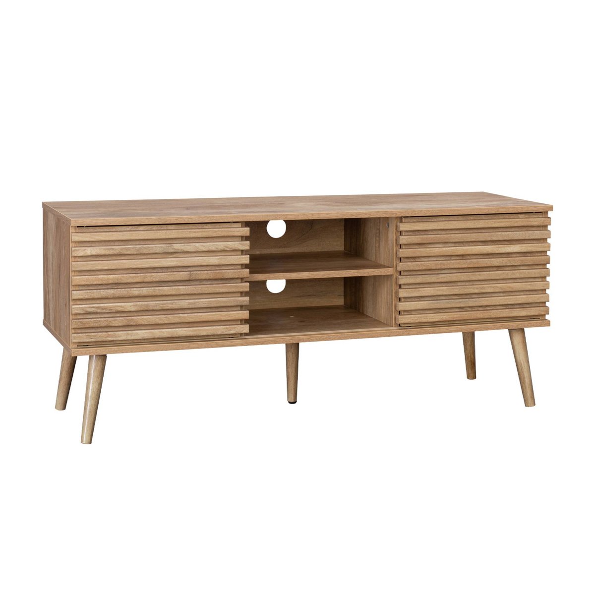 Meuble TV scandinave décor bois rainuré 2 portes 120cm MADERE naturel, SWEEEK