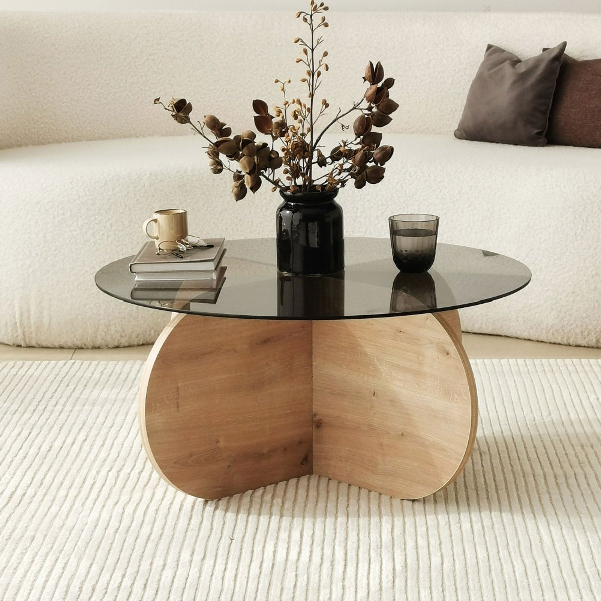 Table basse ronde en verre trempé et bois  75cm- BULLY I bois clair, DRAWER