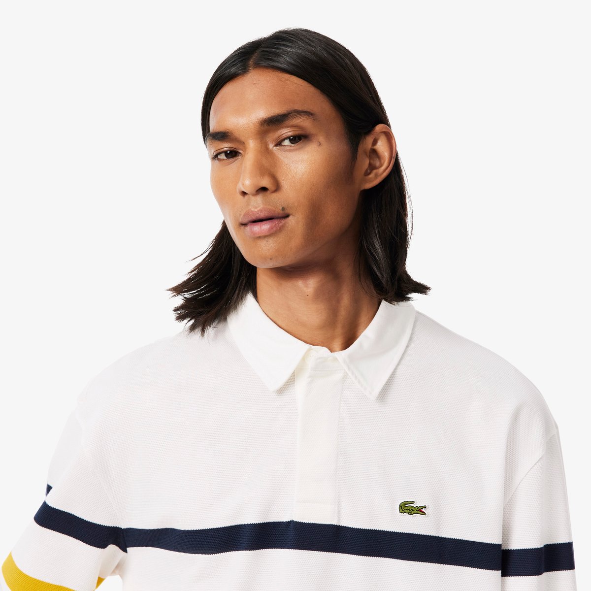 Polo rugby Piqué rayé relaxed fit blanc-70v, LACOSTE