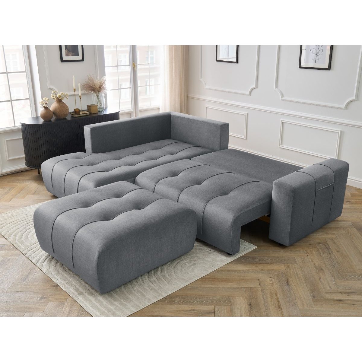 Canapé d'angle convertible 4 places en velours avec pouf, ARSENE gris foncé, BOBOCHIC