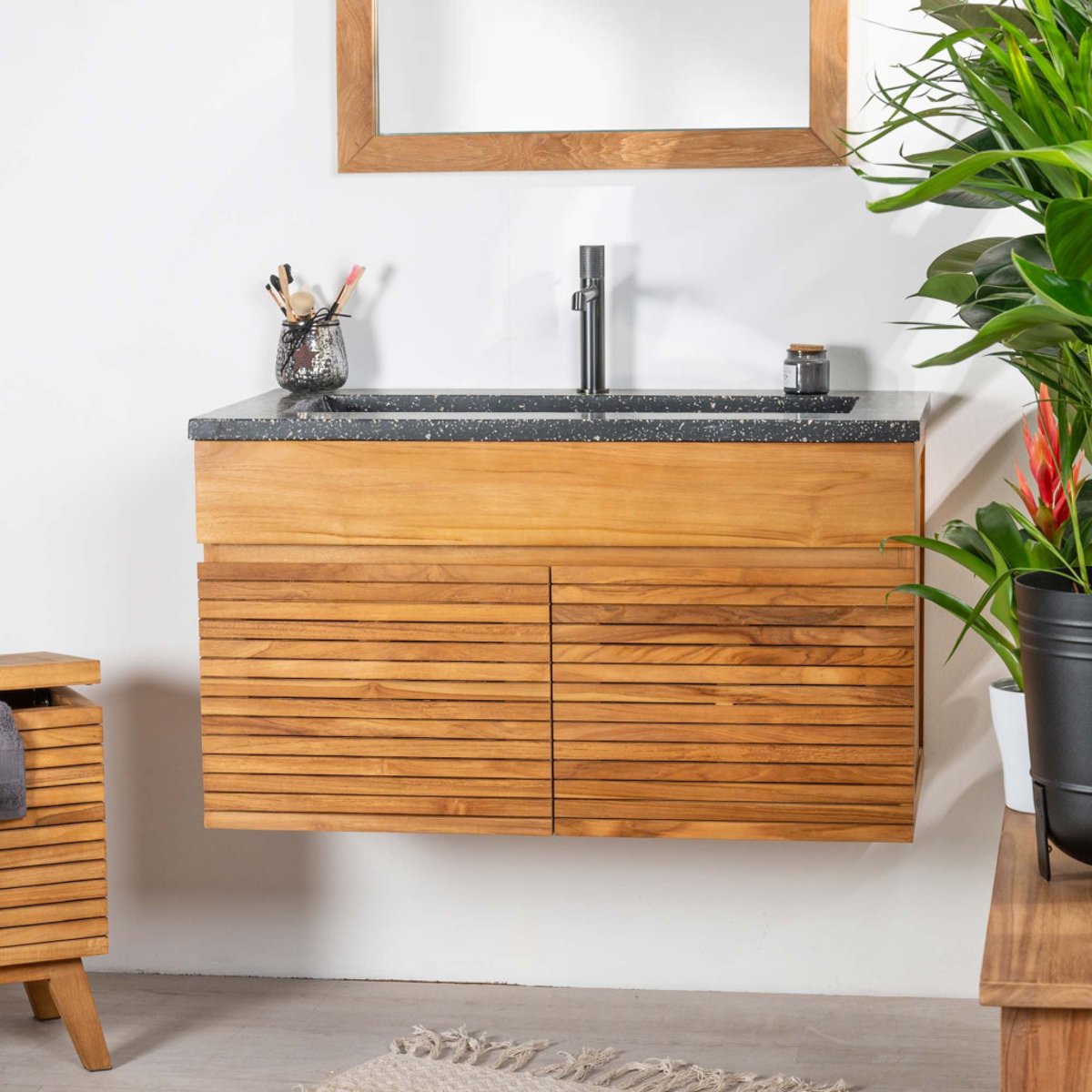 Meuble salle de bain en teck et terrazzo noir Aktual 90cm noir, WANDA COLLECTION