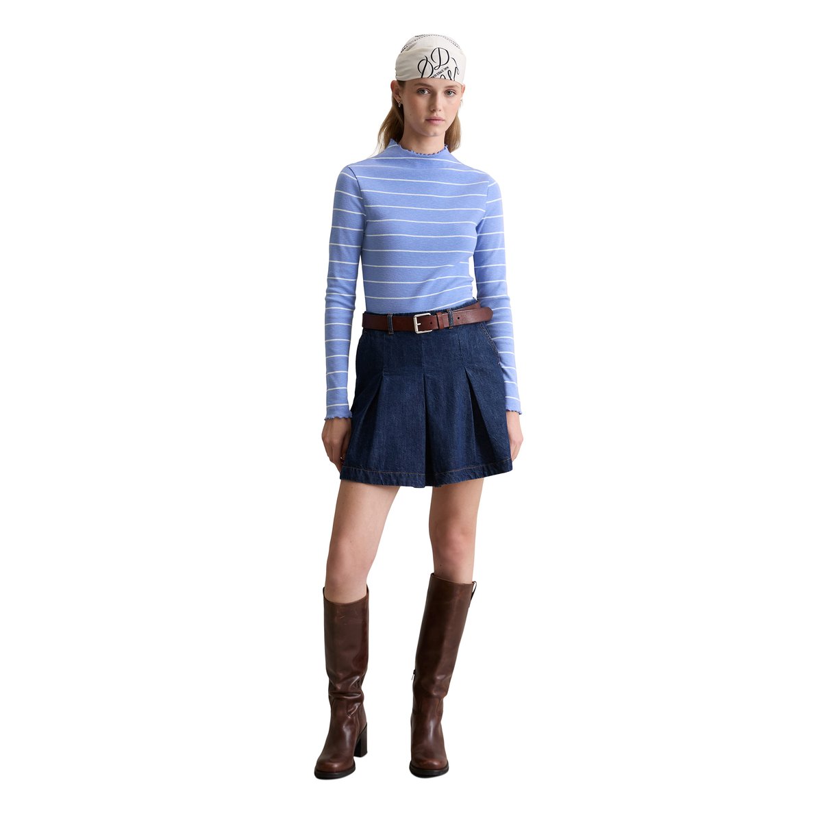 T-shirt long à côtes slim en jersey stretch en coton organique bleu moyen, MARC O’POLO DENIM