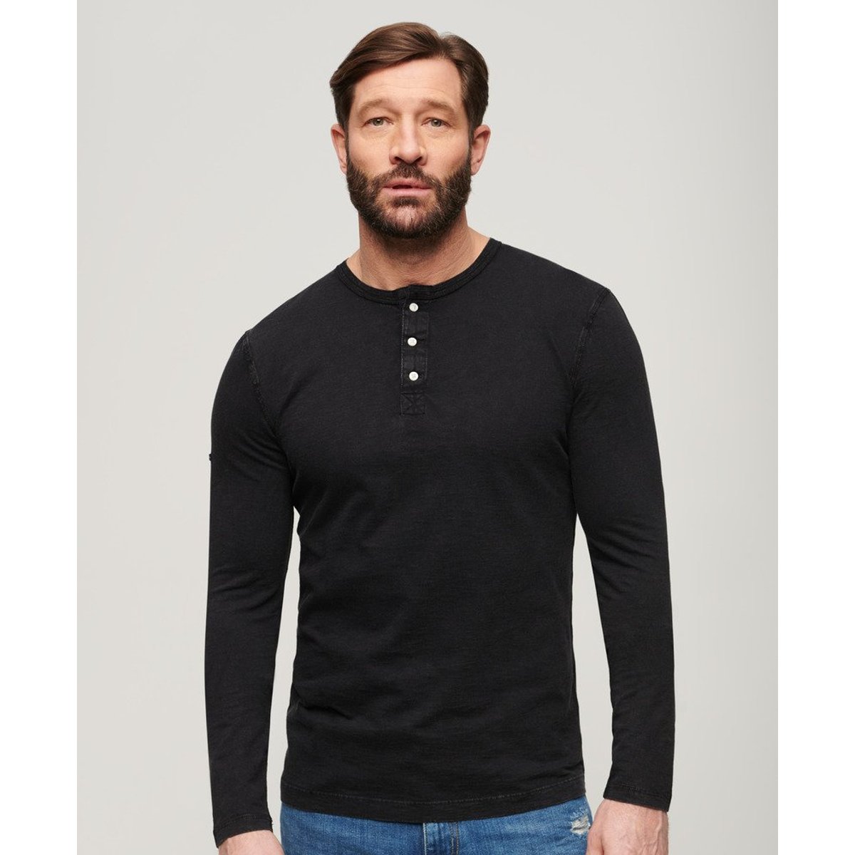 Haut col tunisien en jersey à manches longues noir, SUPERDRY